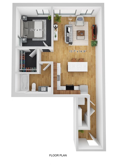 Floor plan for 1 bed, 1 bath, 714 sqft